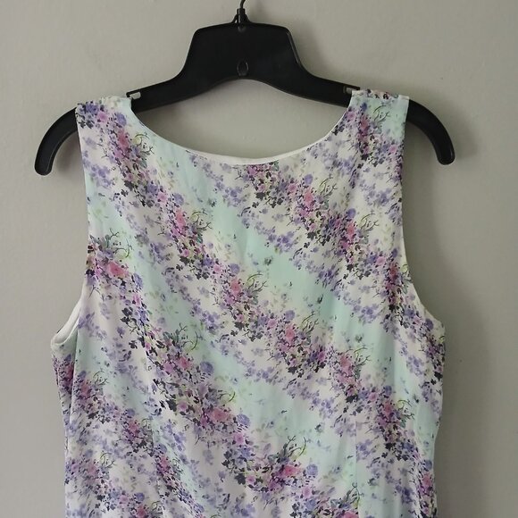 Nina Leonard Size 12 Sleeveless Midi Layered Ruffle Hem Dress Floral Blue Pink - Picture 14 of 16